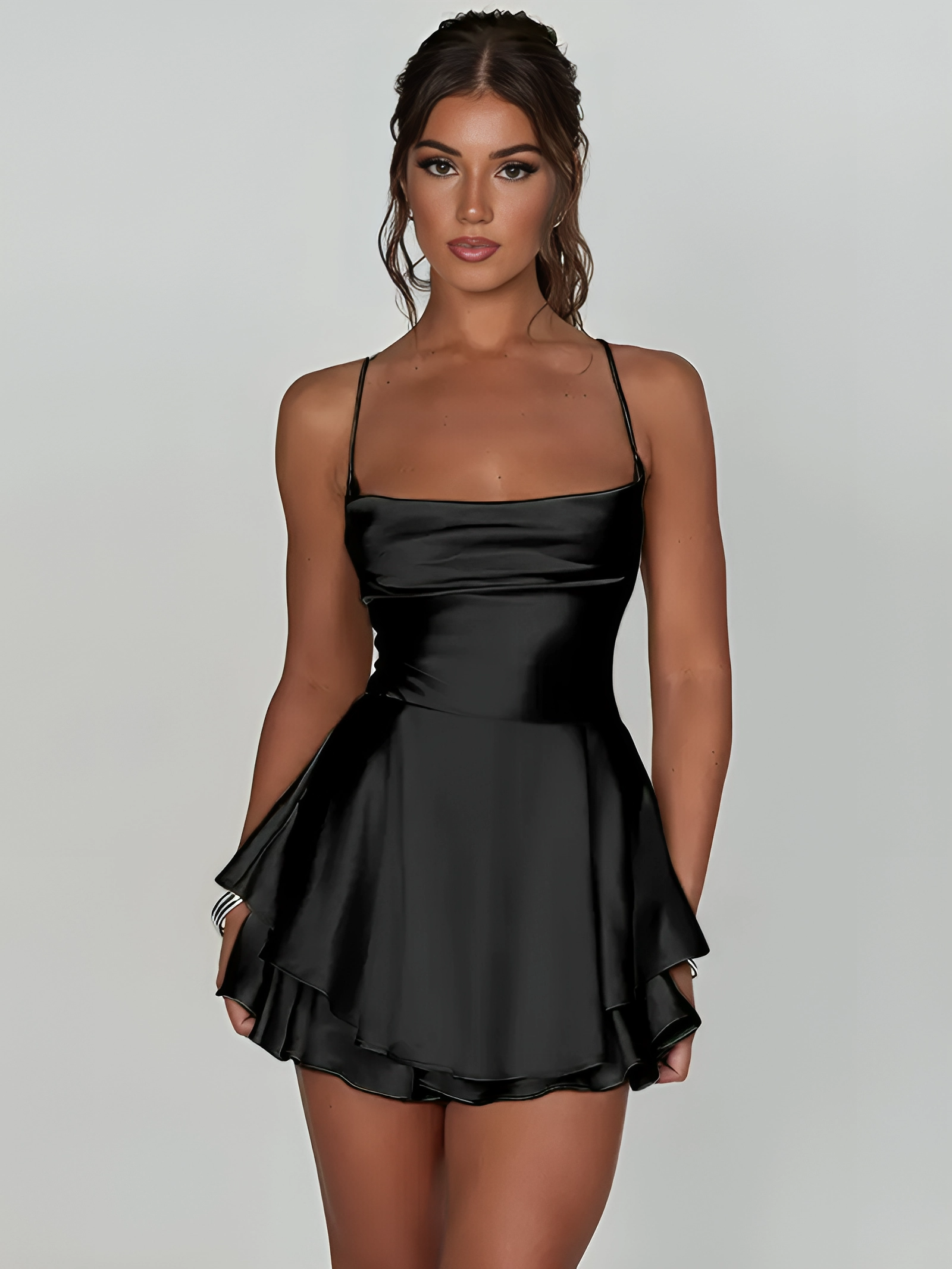 SNATCHED SATIN LACE UP MINI DRESS - BLACK